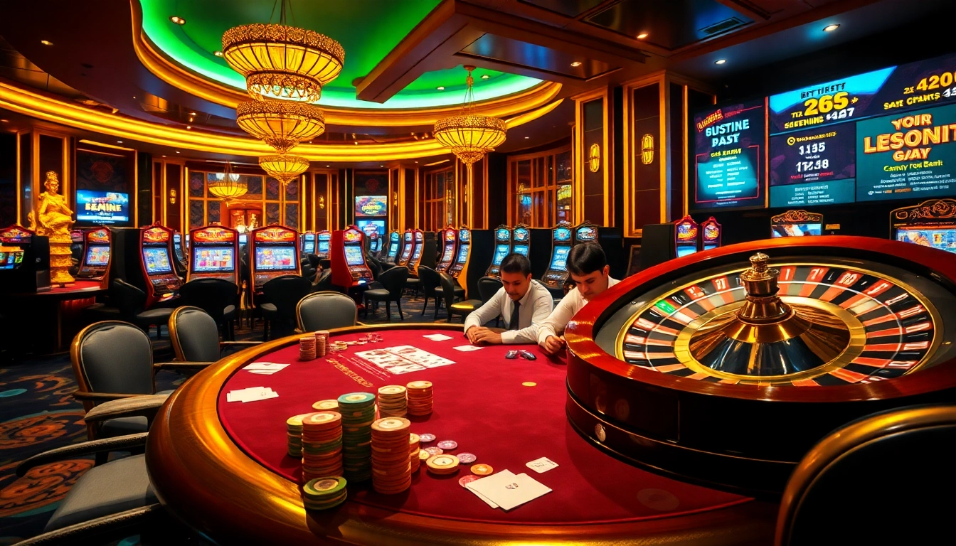 Players excitedly engage at a luxurious casino poker table, exploring 상품권카드 options in a vibrant atmosphere.