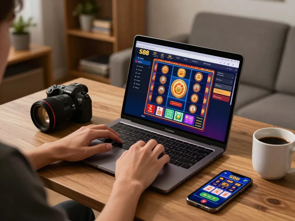 Engage in thrilling gameplay at sc88 casino with an online gaming setup featuring colorful slots and cards.