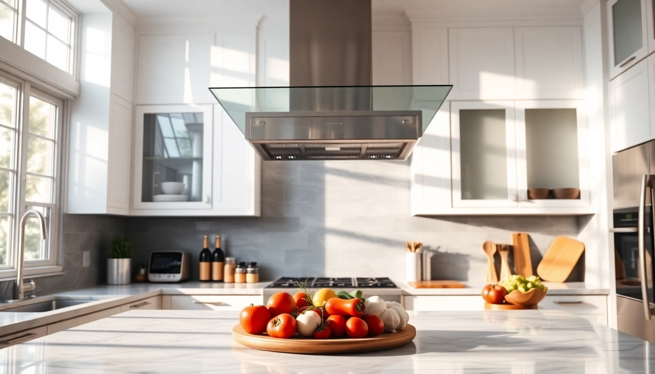 Showcasing a stunning exhaust hood installation in a modern kitchen setting with sleek lines and elegant features.
