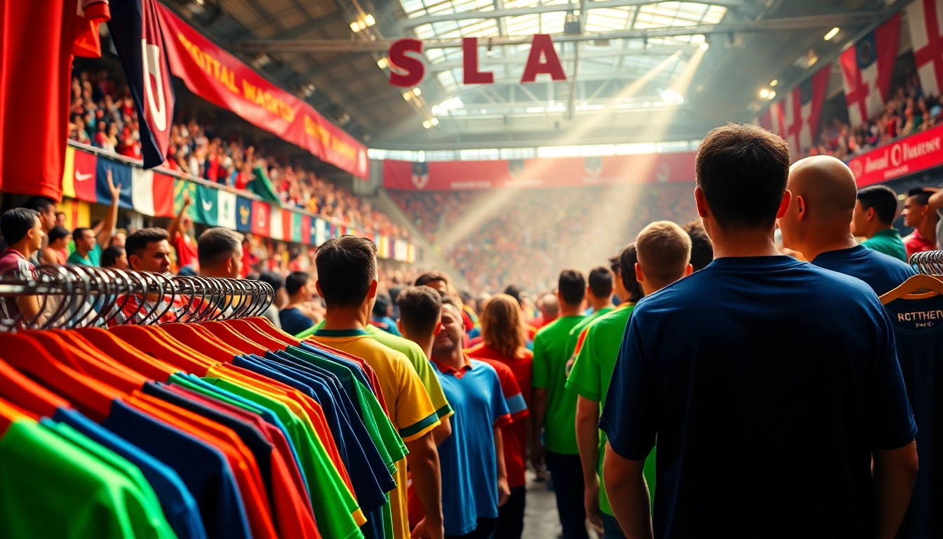 Shop vibrant discount football shirts showcased at a lively football sale event.