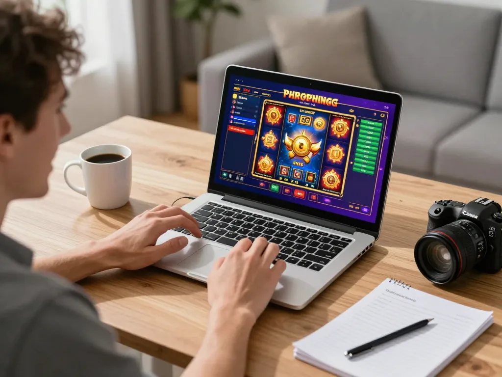 Experience thrilling online gaming at tg88 with an active slot game setup in a cozy home office.