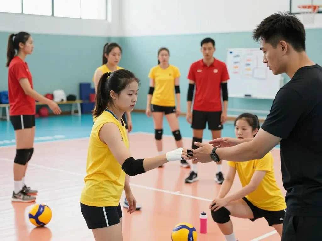 Volleyball thumb taping technique being demonstrated in a vibrant gym setting, showcasing athletes engaged in practice.