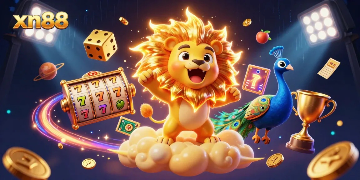 xn88 casino scene with a roaring golden lion, slot reels, and vibrant casino elements
