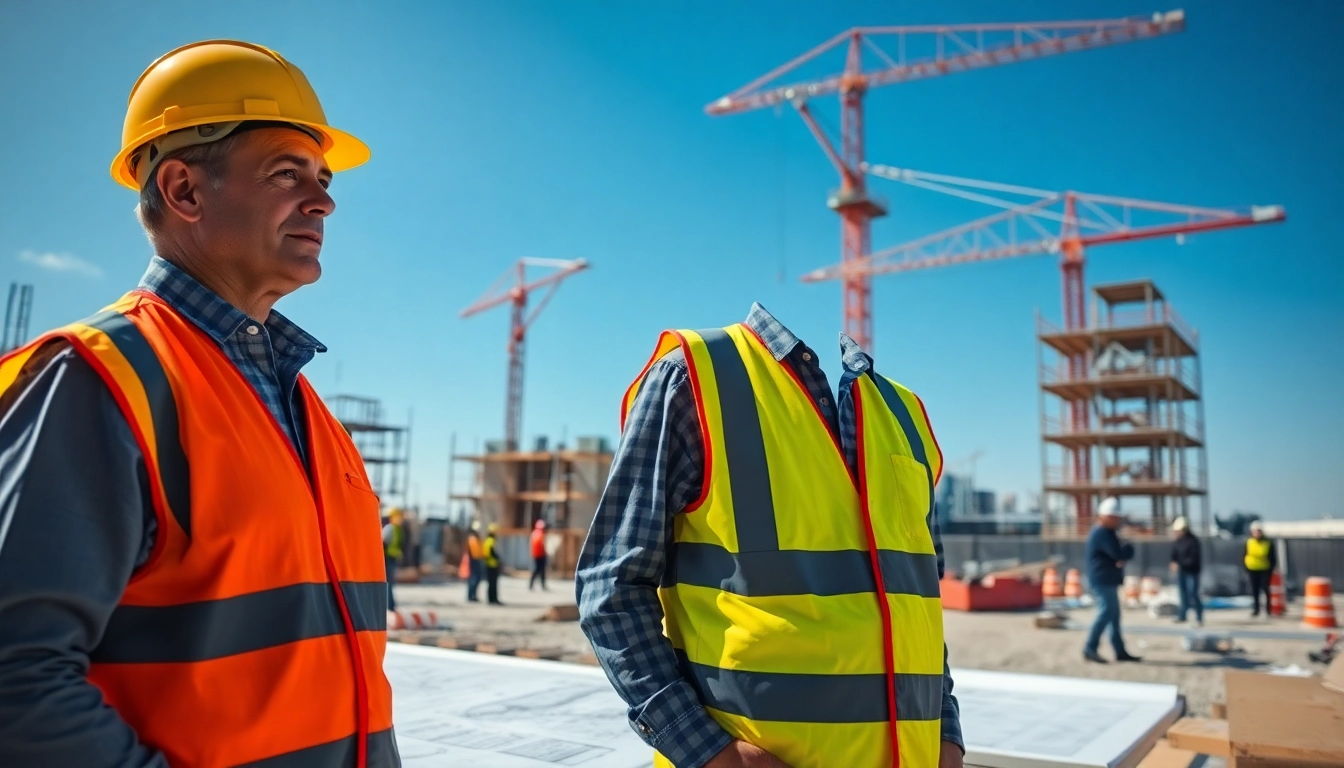 New Jersey Construction Manager directing a lively construction site with cranes and blueprints