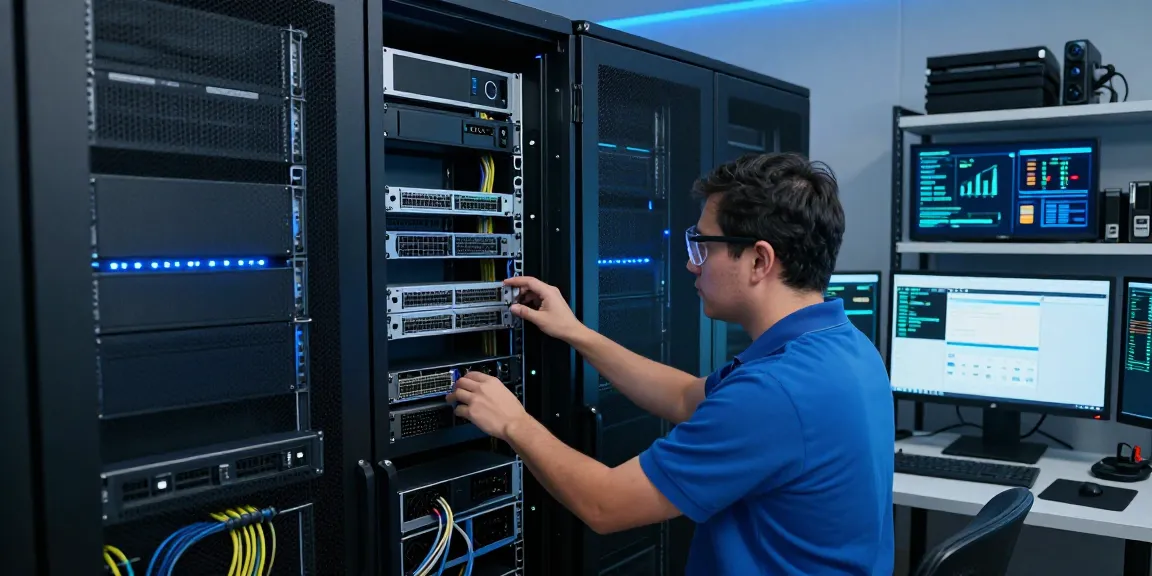 Configuración de VPS Hosting en sala de servidores con técnicos gestionando equipos.