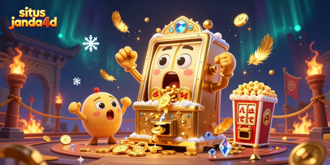 Situs janda4d menampilkan mesin slot emas kartun merayakan jackpot sambil dikelilingi koin emas dan efek atmosfer penuh warna.