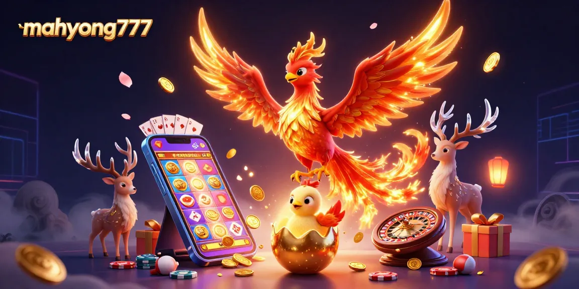 Engage with mahyong777's thrilling gameplay featuring a phoenix, smartphone, and vibrant casino elements.