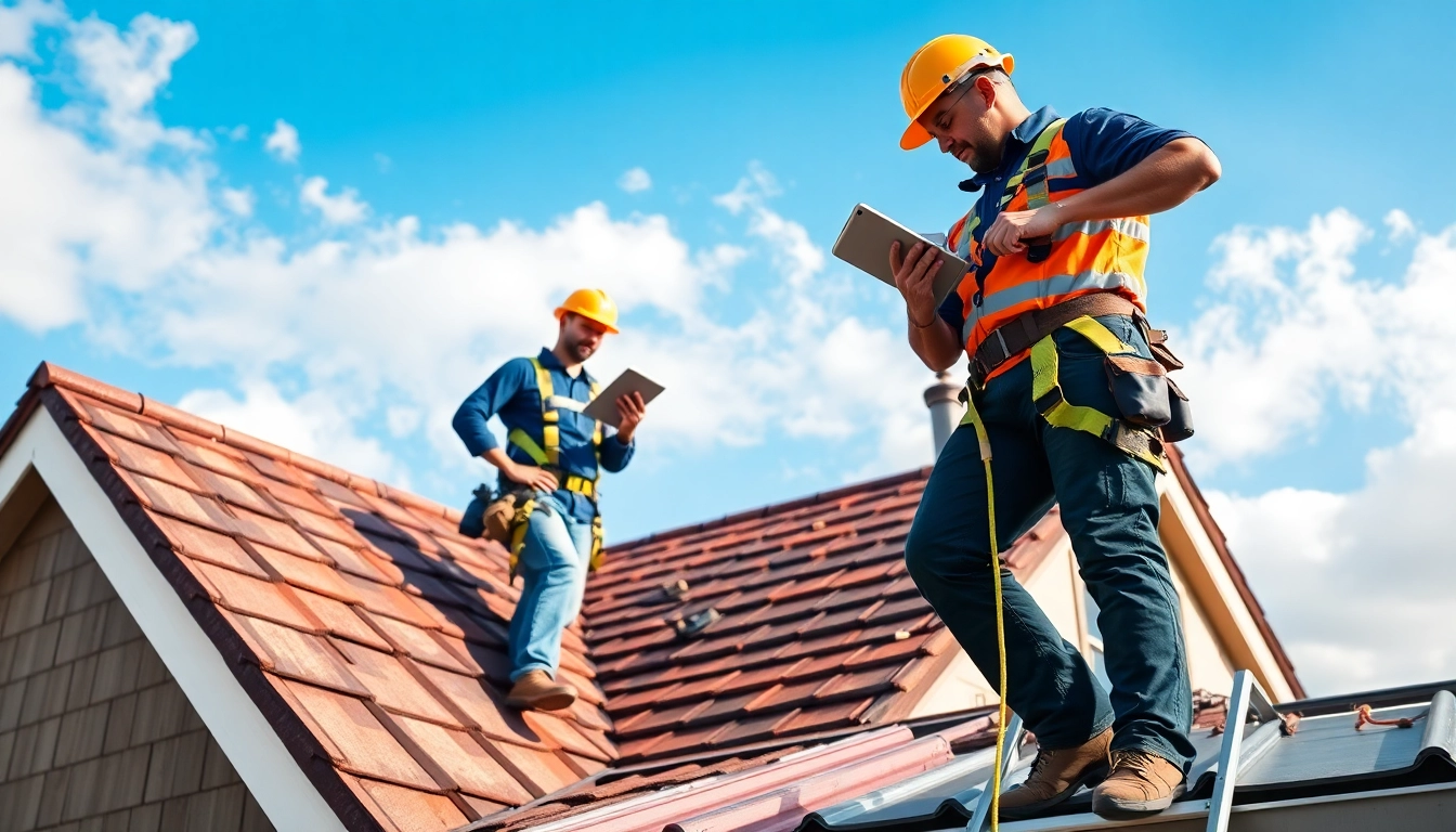 Inspecting a roof, showcasing reliable roofing services with contractors and equipment in action.