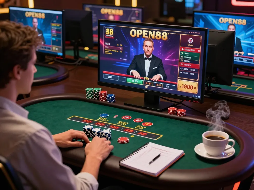 Engaging gameplay at open88 casino with live blackjack dealer on multiple screens.