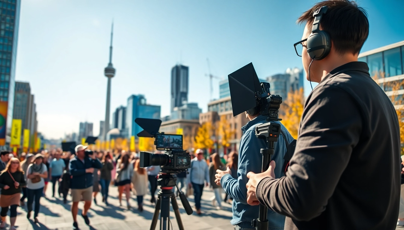 Dynamic team engaged in video production Edmonton, showcasing cinematic creativity in an urban setting.