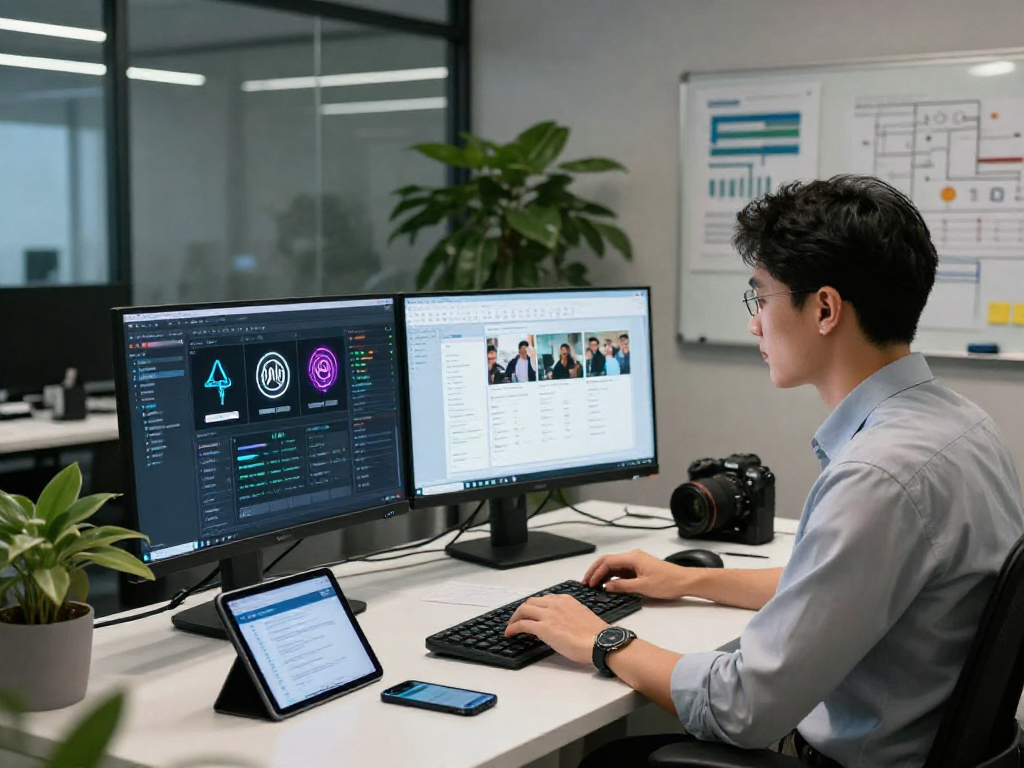 AI image detector in action, showcasing a content moderator analyzing flagged images in a modern tech workspace.