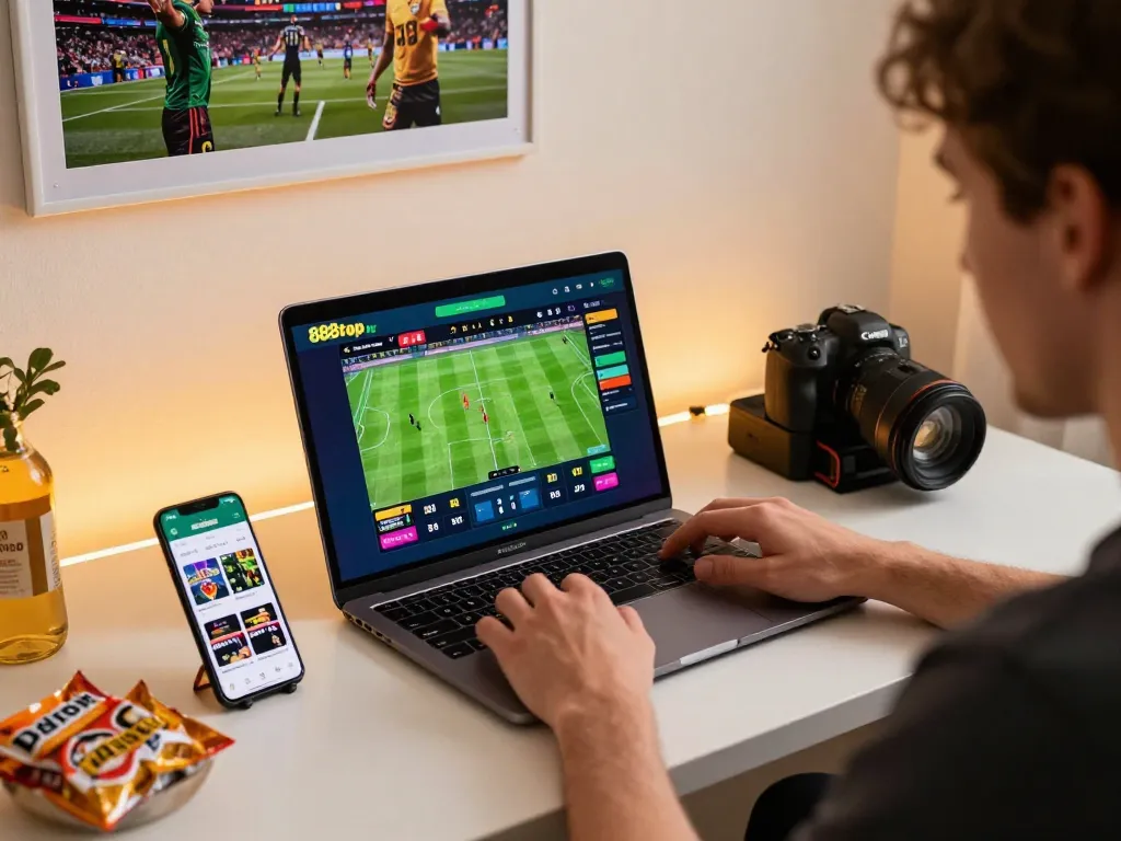 Engaging in online gaming with 888top bet on laptop and mobile app in cozy home setting