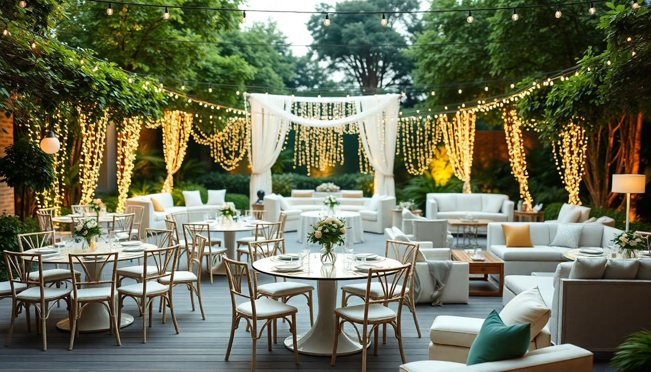 Discover Event Furniture Rentals set up at an elegant outdoor gala with stylish seating and tables.