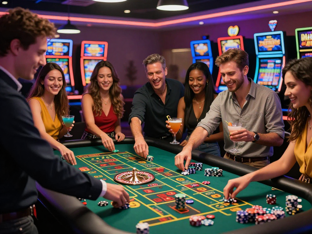 Exciting casino gaming ambience with friends cheering around the rokok88 roulette table, showcasing vibrant chips and drinks.