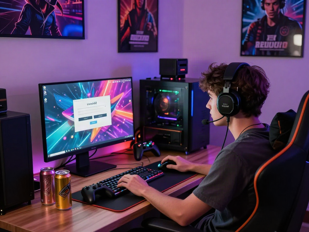 Dynamic gaming setup with user focused on rokok88 login screen and colorful LED lights.