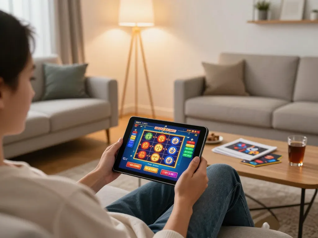 Engaged in casino gratis senza registrazione gameplay on a tablet in a cozy home setting.