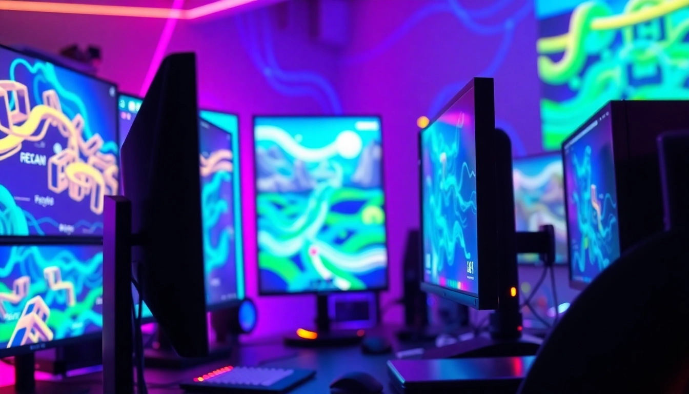 Design a game using Freedom X: a creative workspace with vibrant visuals and advanced tech.