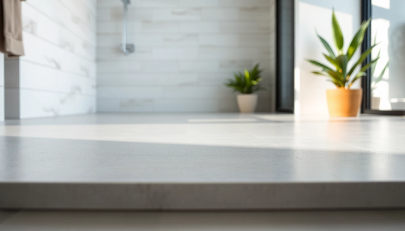 Showcase a modern shower base in a sleek bathroom, emphasizing minimalist design and textures.
