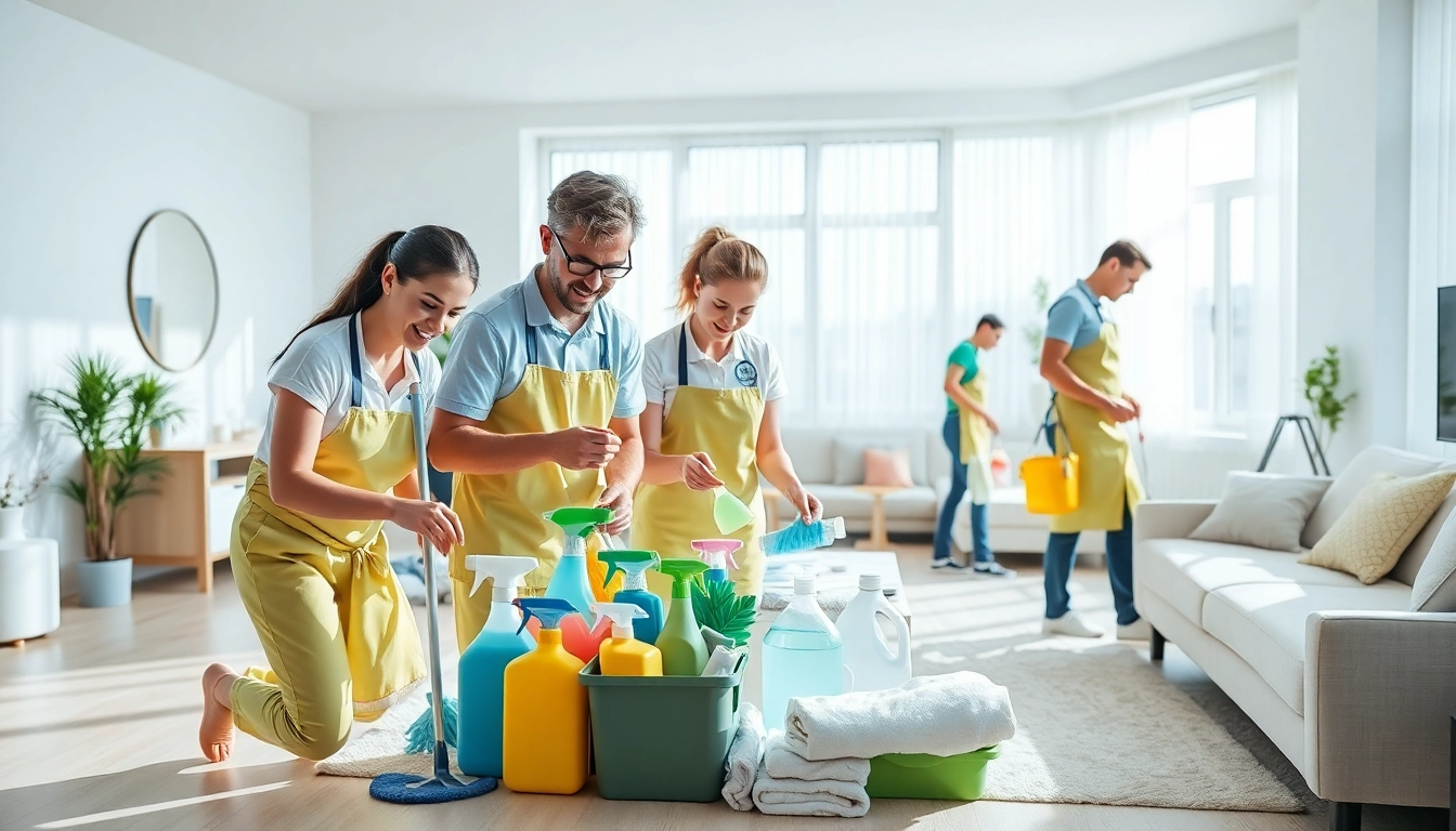 Showcasing a diligent Cleaning Service team tidying a bright home environment.