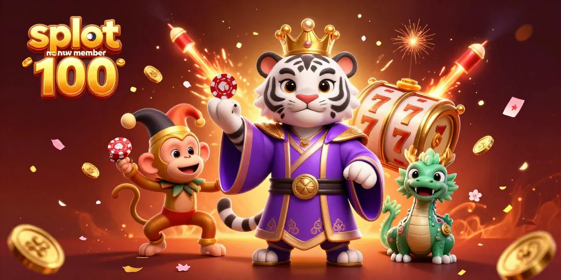 Experience the thrill of slot bonus new member 100 with a lively 3D tiger, monkey, and dragon amidst festive elements.