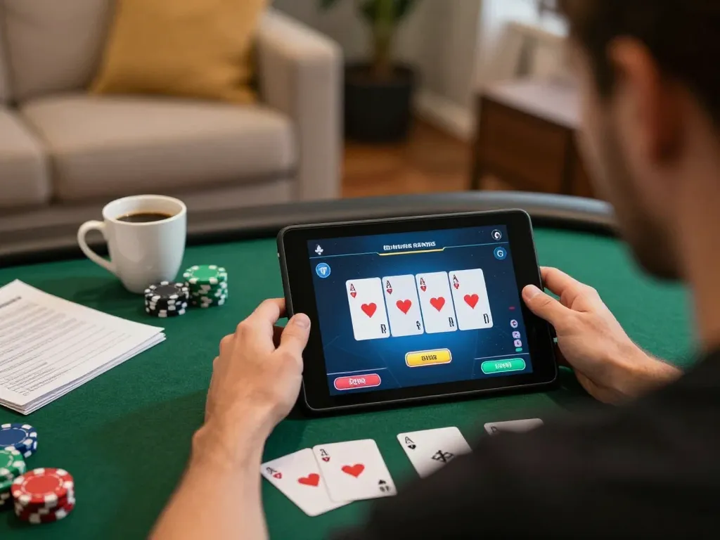 Engaged player using online TR88 bookmaker app for poker strategy with a cup of coffee.