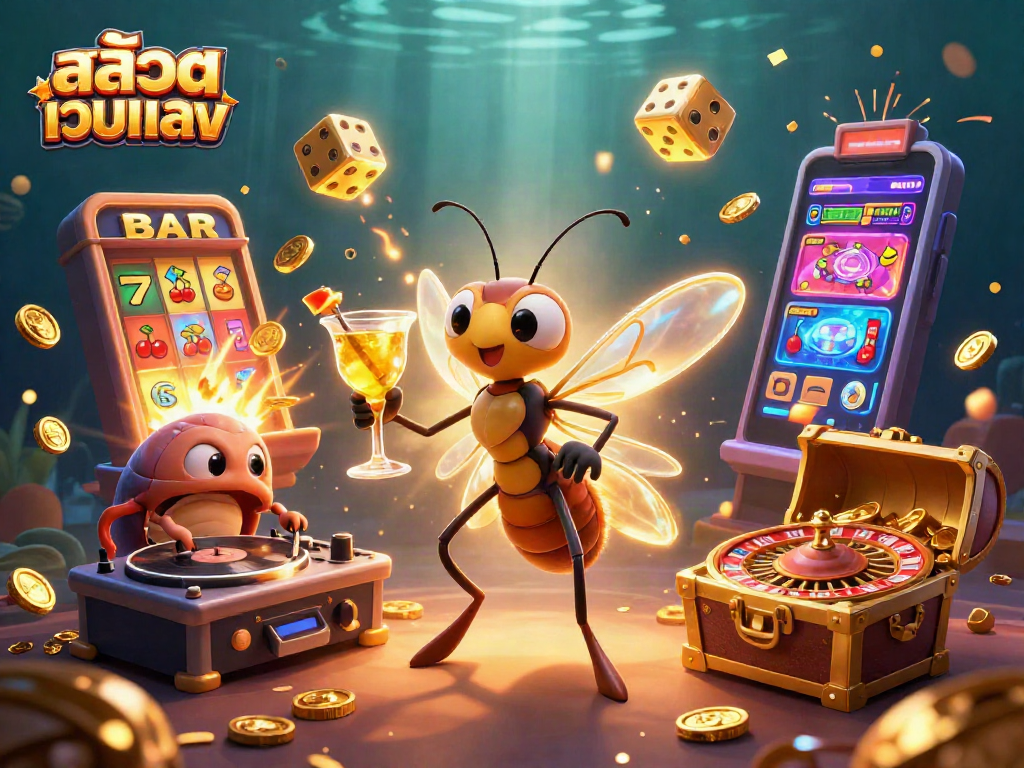 Experience สล็อตเว็บตรง excitement with a lively casino scene featuring a golden cocktail-holding mascot, coins, and a vibrant atmosphere.