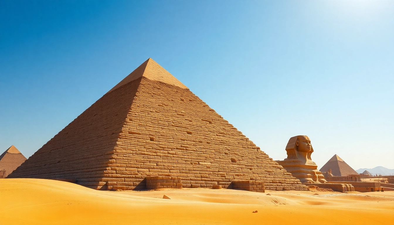 Pyraminds standing majestically against the blue sky with golden sands, showcasing ancient architecture.