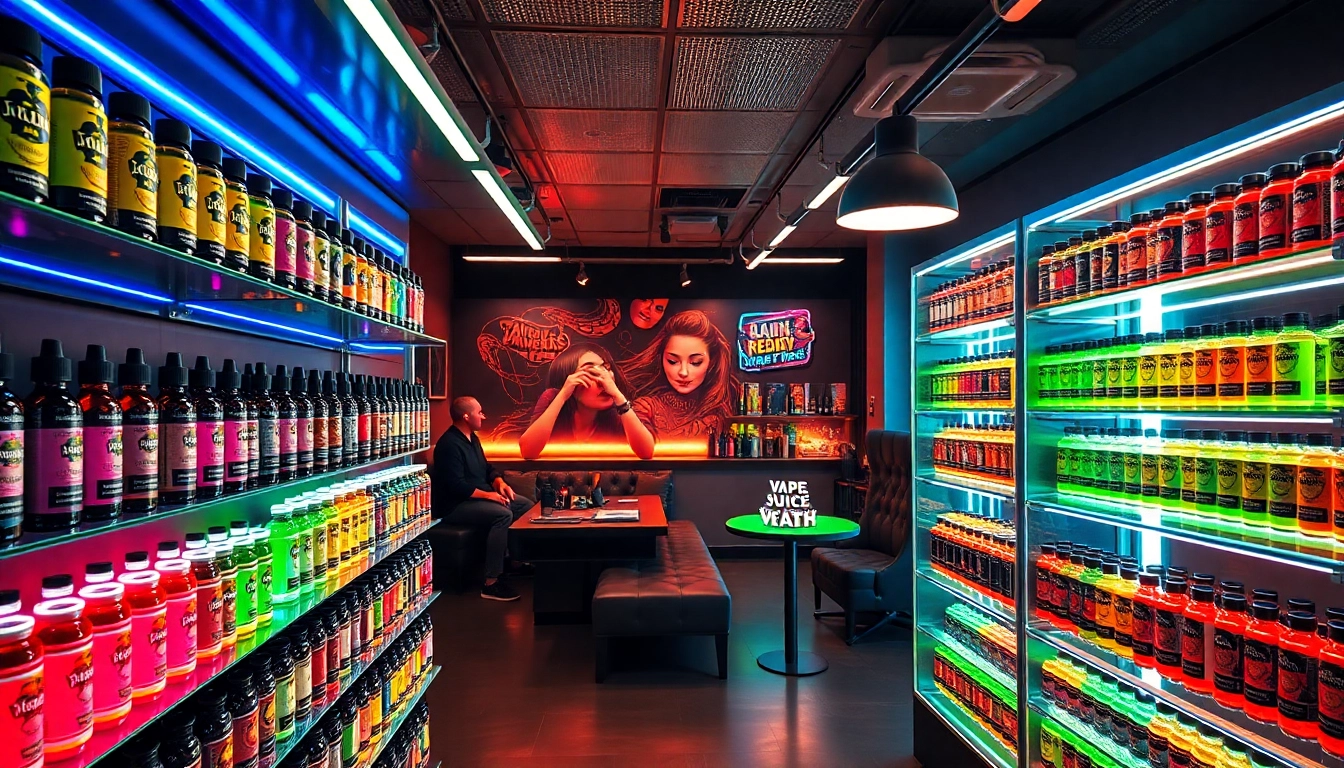 Shop vibrant Vape Juice bottles in a modern vape shop interior showcasing a lively atmosphere.