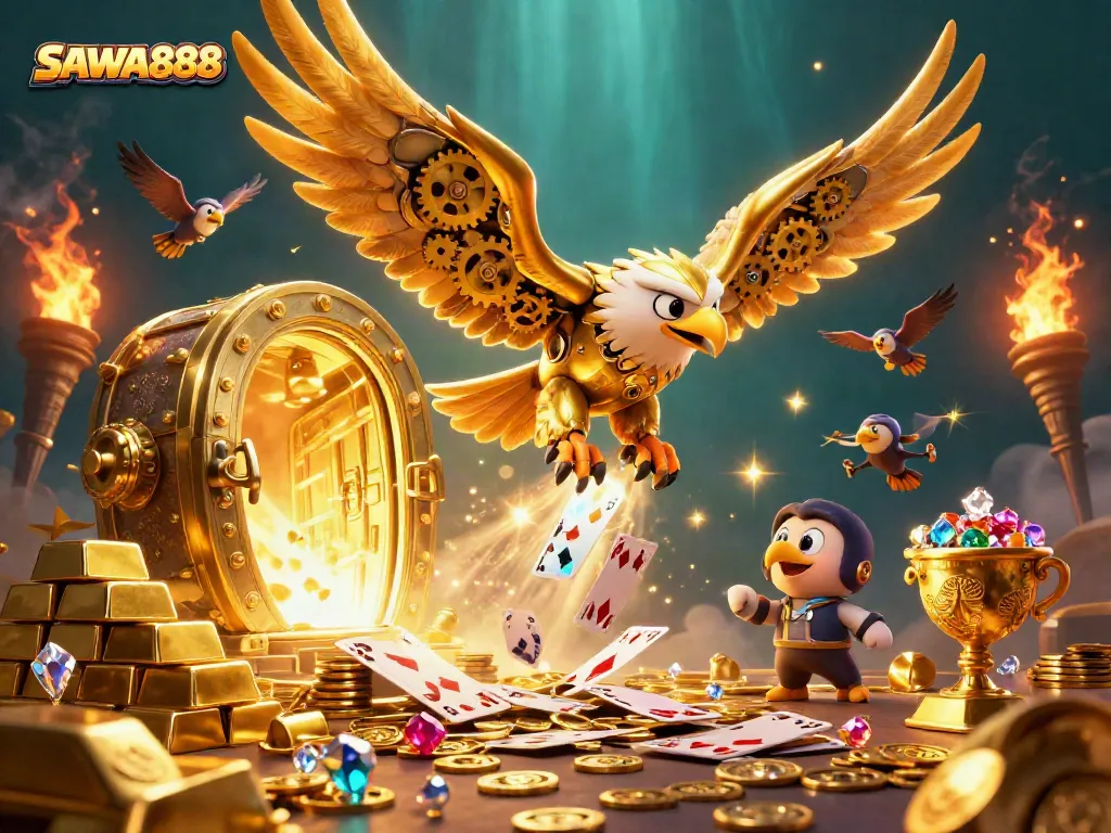 Engage in thrilling gameplay with SAWA888 featuring a dynamic scene of a golden eagle amidst holographic cards.