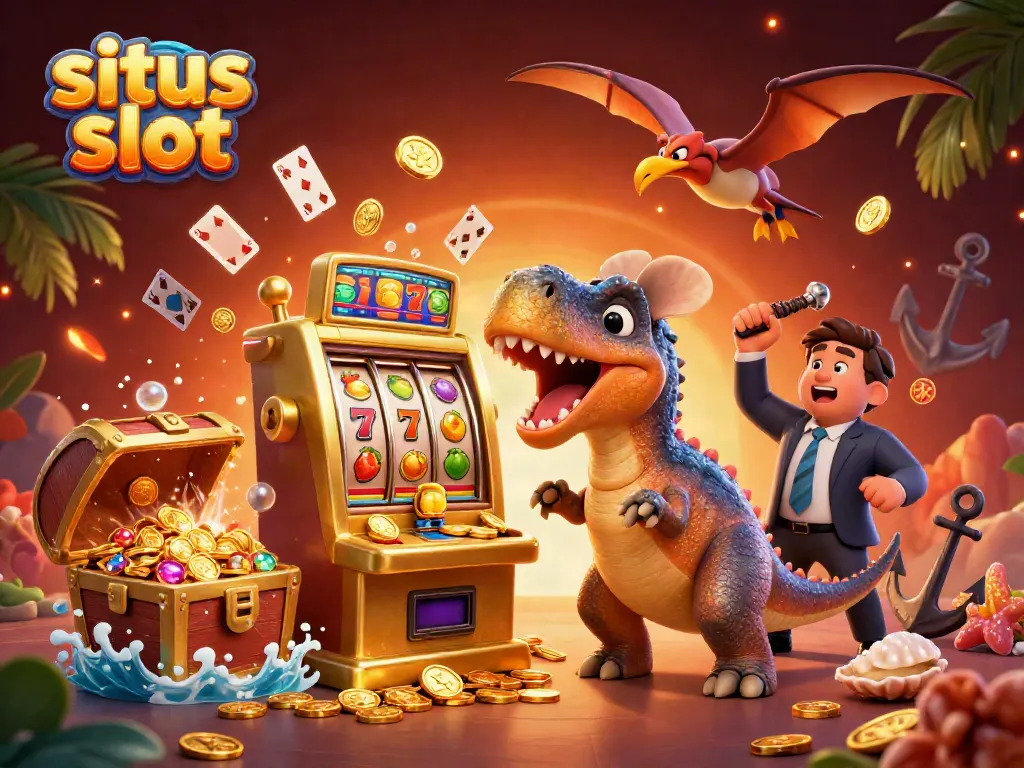 Situs slot illustration showing a dinosaur-themed jackpot scene with coins and slot machines