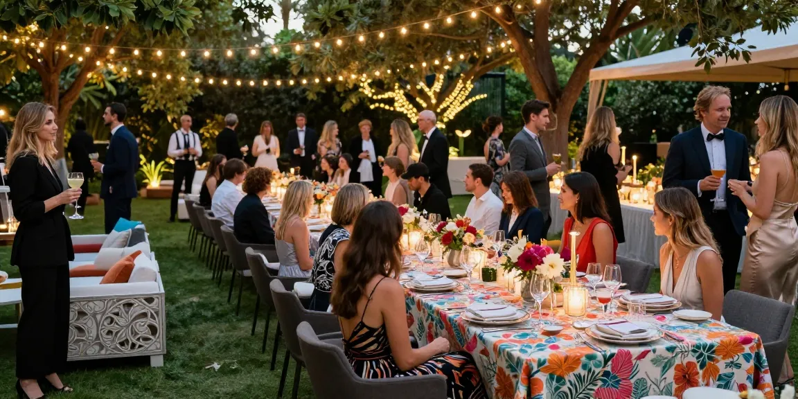 Event furniture rental showcased in a luxurious outdoor reception with chic tables and lounge seating.