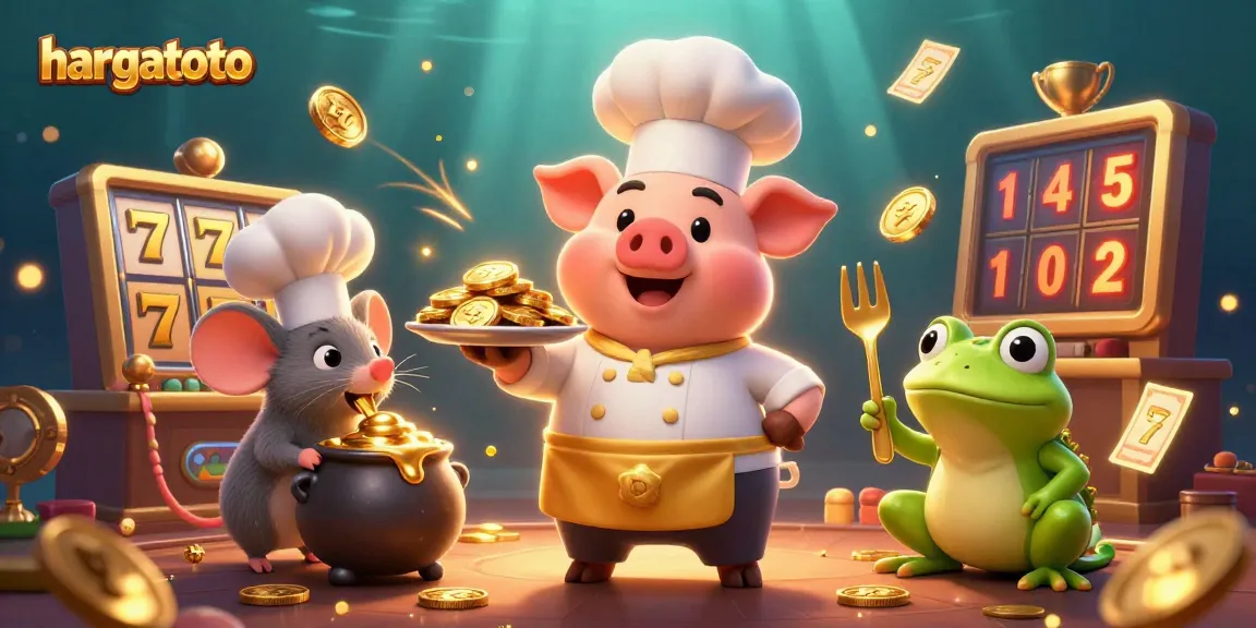 Join the hargatoto excitement as a chef pig presents gold coins amidst thrilling slot reels and animated casino elements.