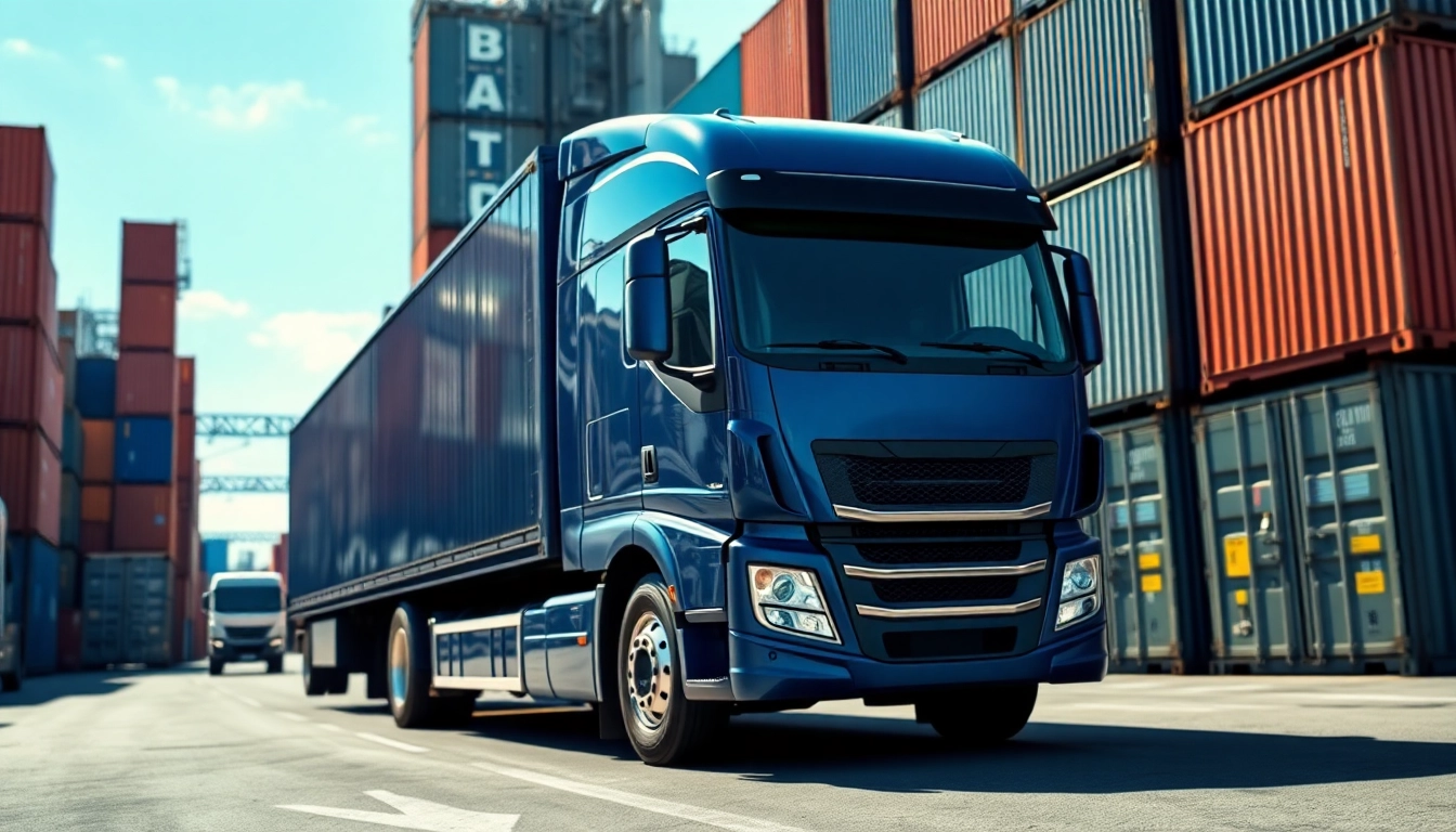 Drayage truck efficiently transporting shipping containers in an urban logistics hub setting.