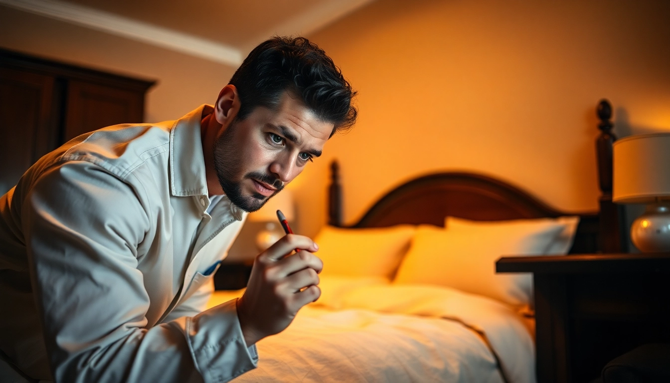 Assessing bed bug treatment cost during inspection in a well-lit bedroom.