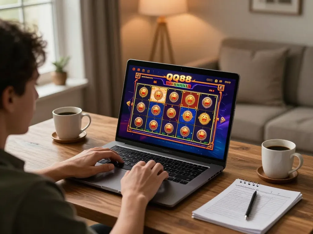 Player exploring exciting QQ88 online slot games at a cozy home setup during evening