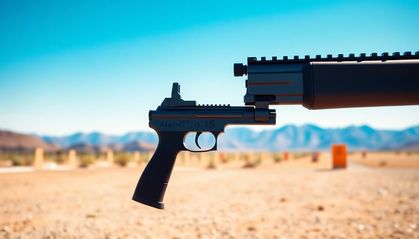 Showcase the Alamo 15 trigger with a sleek design in a vibrant shooting range setting.