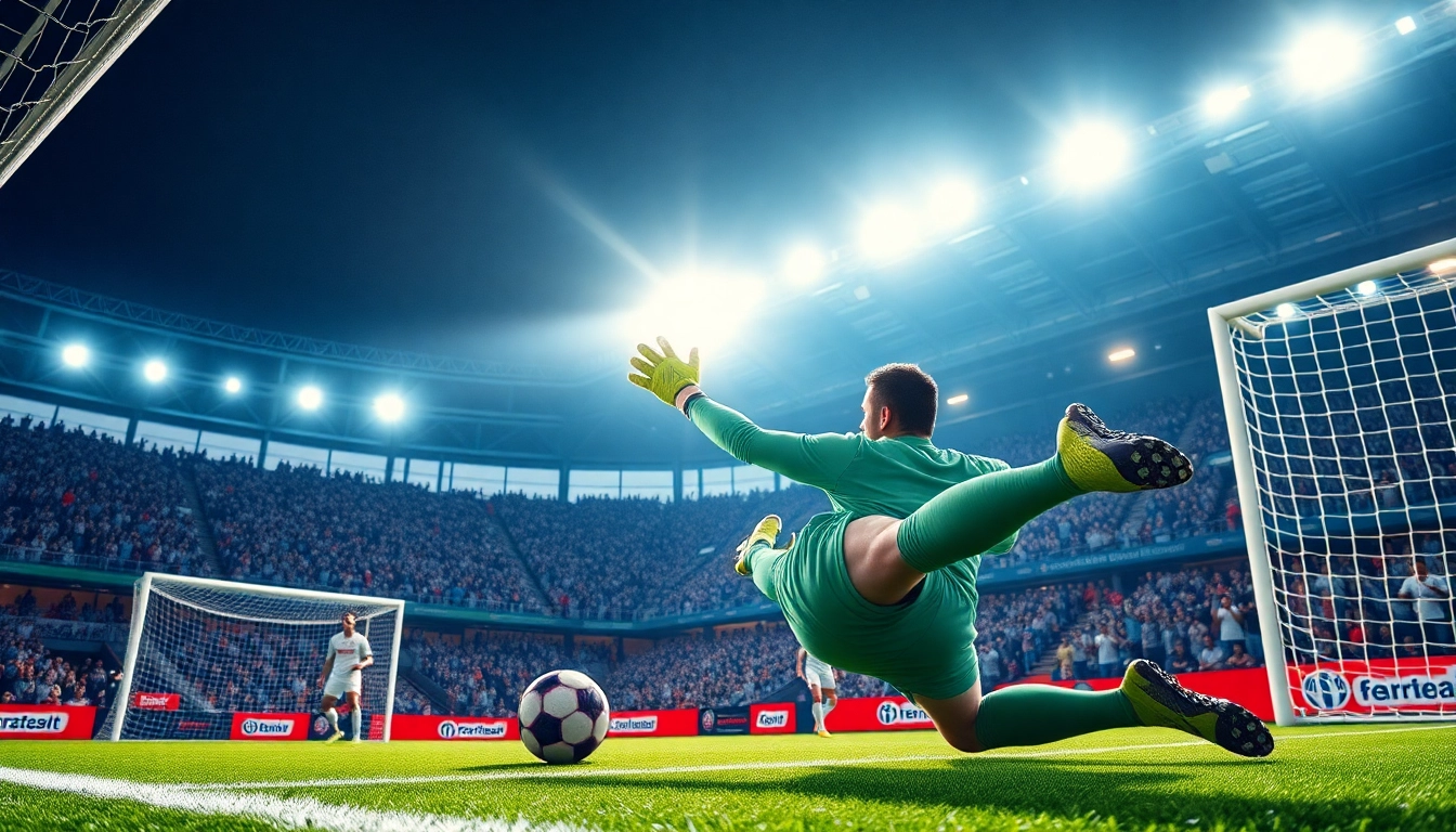 Goalkeeper making a spectacular save during a soccer match featuring ผลบอล888 results.
