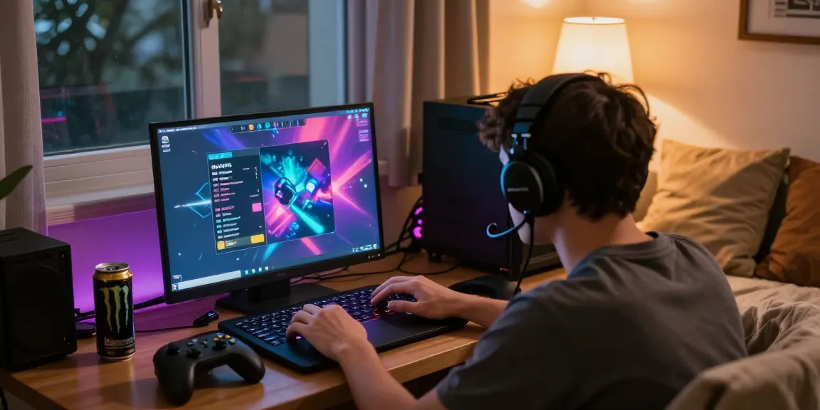 Gamer enjoying HTML porn games on laptop in a cozy home setting.