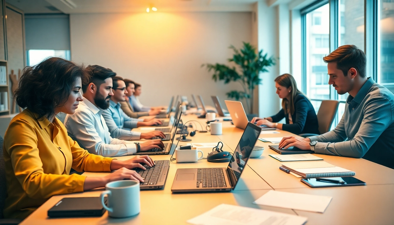 Engaging scene at a typing center highlighting focused individuals in a professional setting.