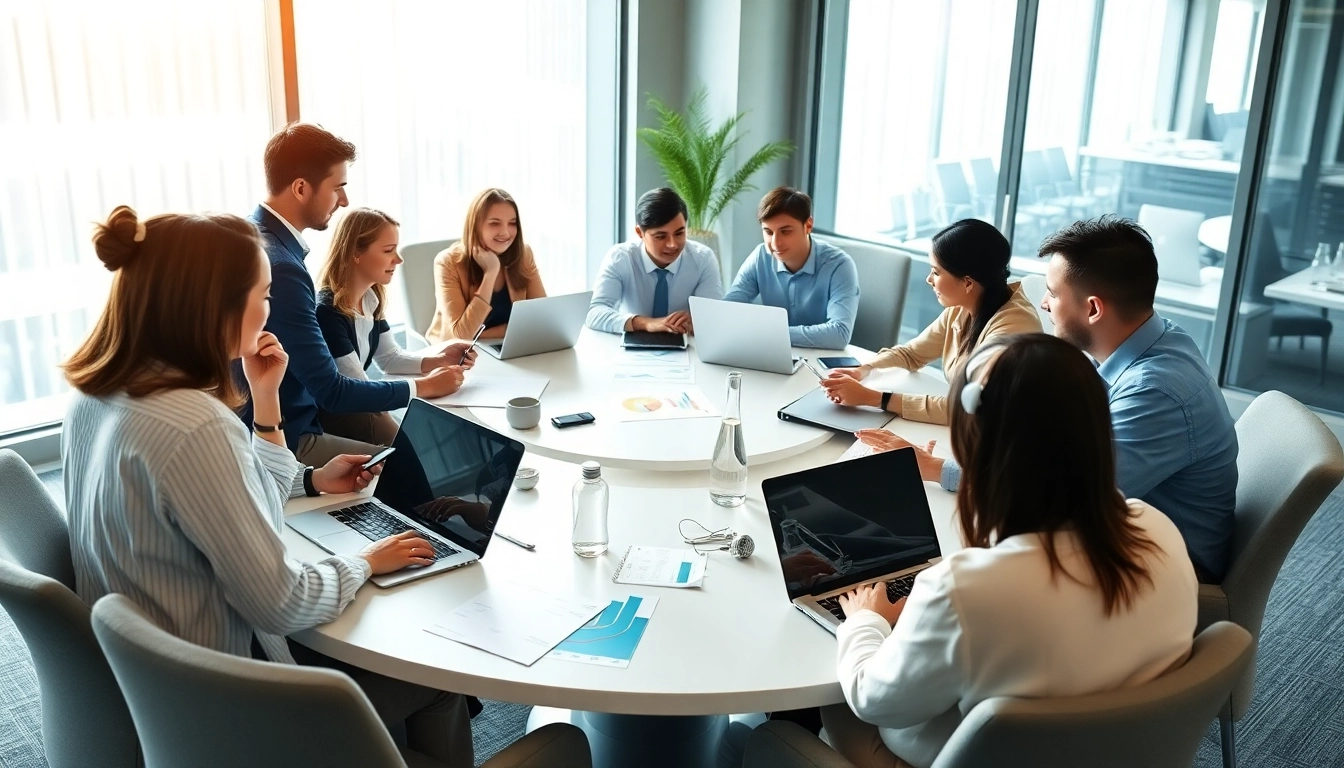 Explore growth strategy trends with diverse professionals in a modern office setting.