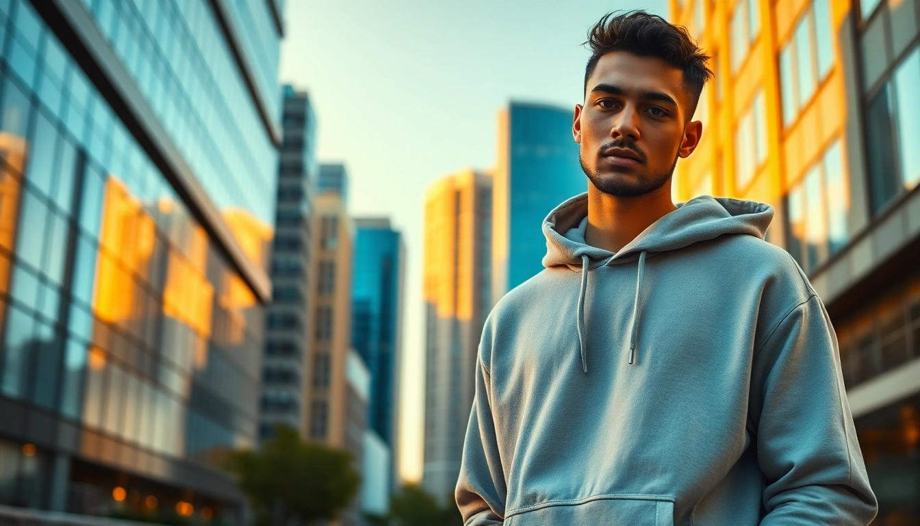 Model wearing plain hoodies, radiating style against a vibrant urban backdrop.