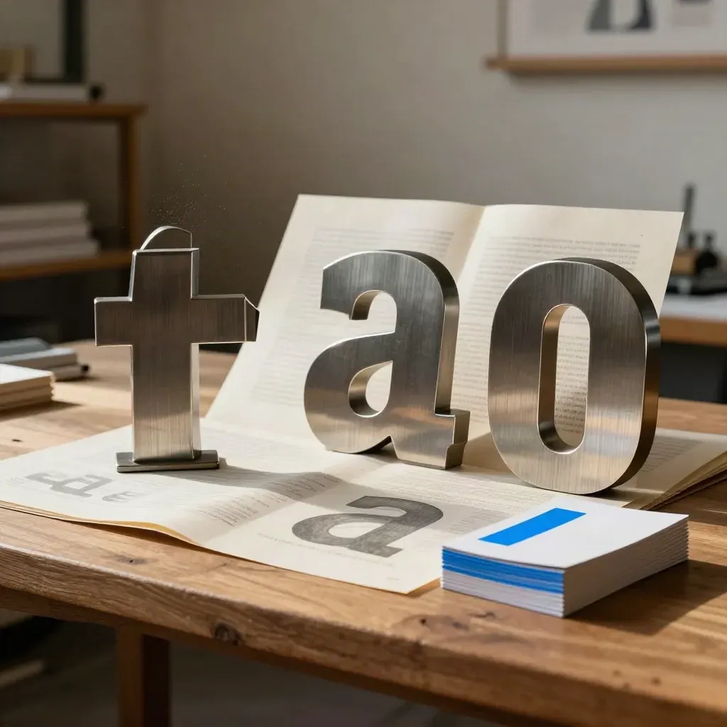 Brushed-metal logo cutouts, paper proofs and die-cut samples on a warm studio plinth.