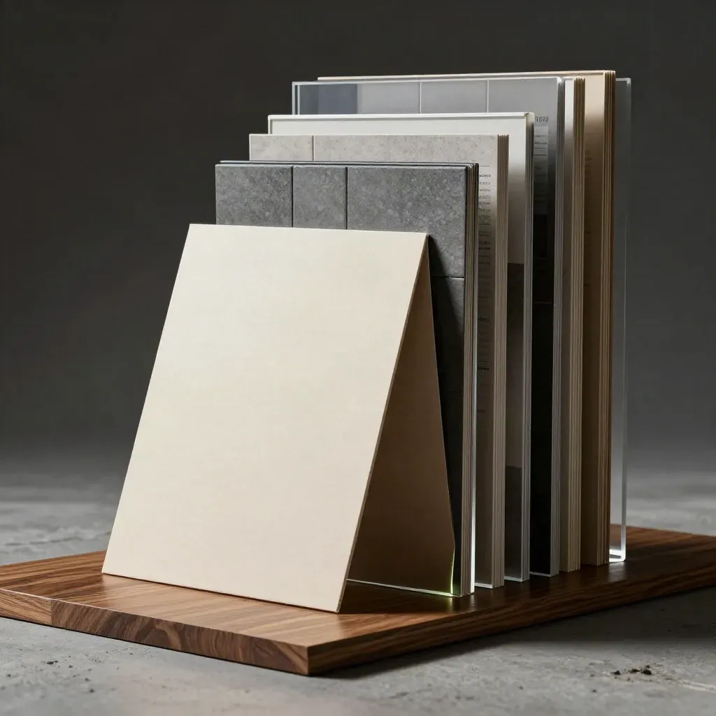 Monumental landing-page panels and CTA mock tiles rising from walnut and concrete.