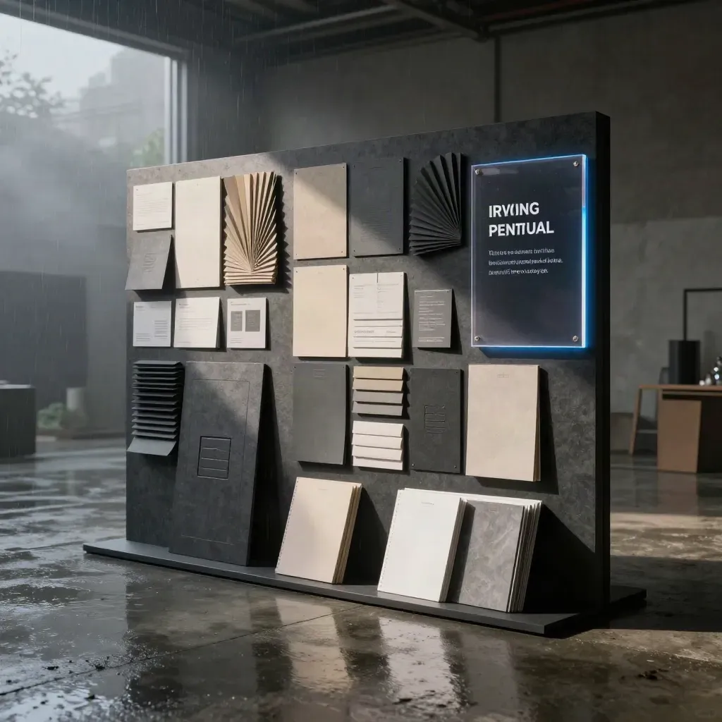 Rain-slick studio floor with charcoal brand boards, paper swatches, acrylic panel, and blue reflections.