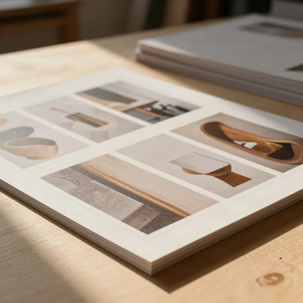 Macro of website layout proofs and acrylic frame on pale wood in warm afternoon light.