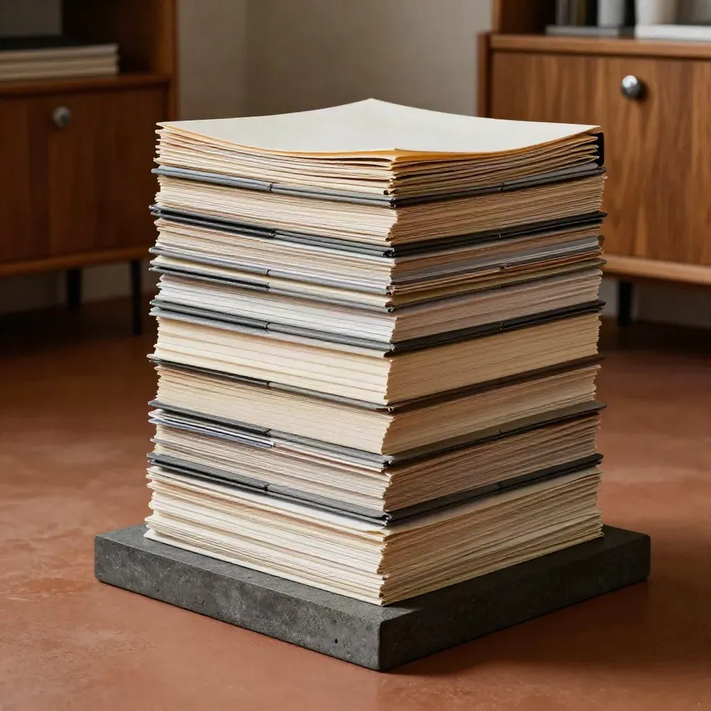 Tall stack of pitch deck boards and folders on a terracotta studio floor in raking light.