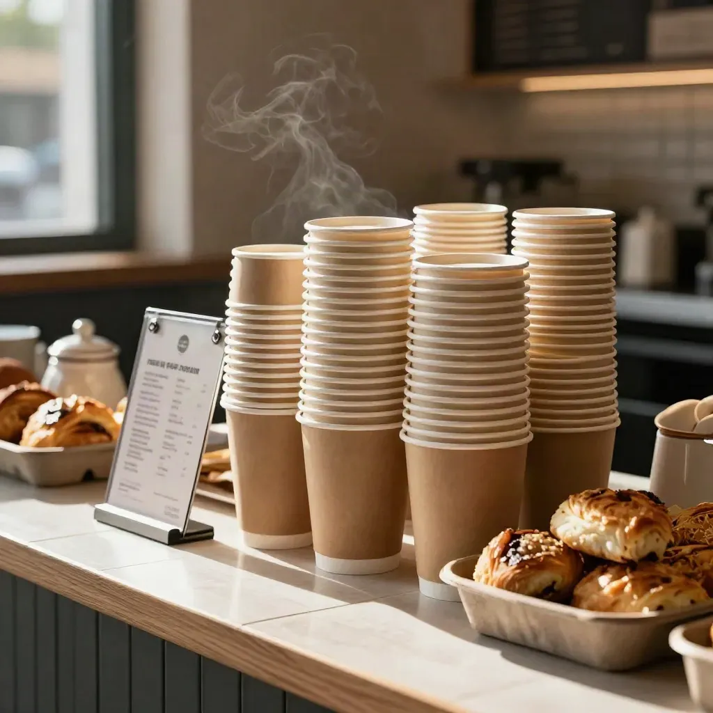 Cafe counter setup with stacked cups, pastry trays, and steam in warm window light.