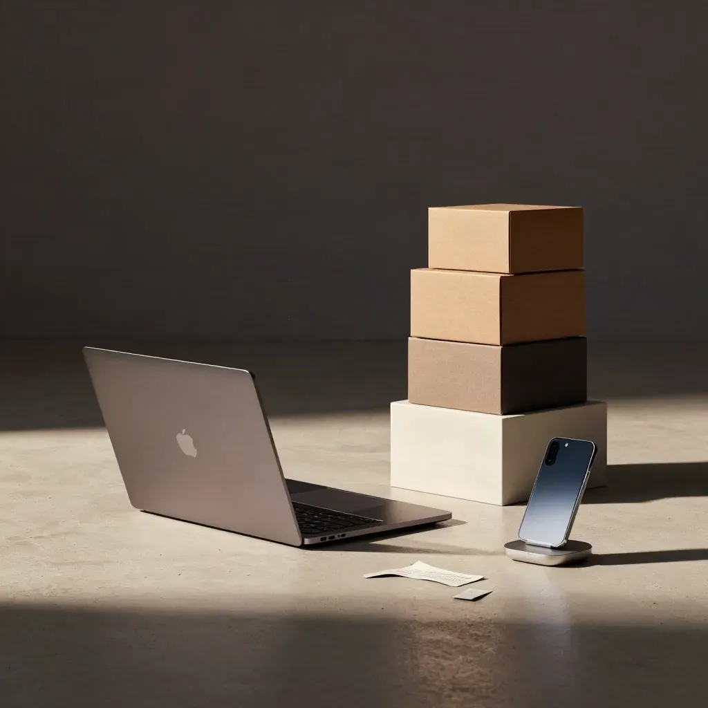Launch-ready creator sales studio with laptop, pedestal, boxes, and phone dock