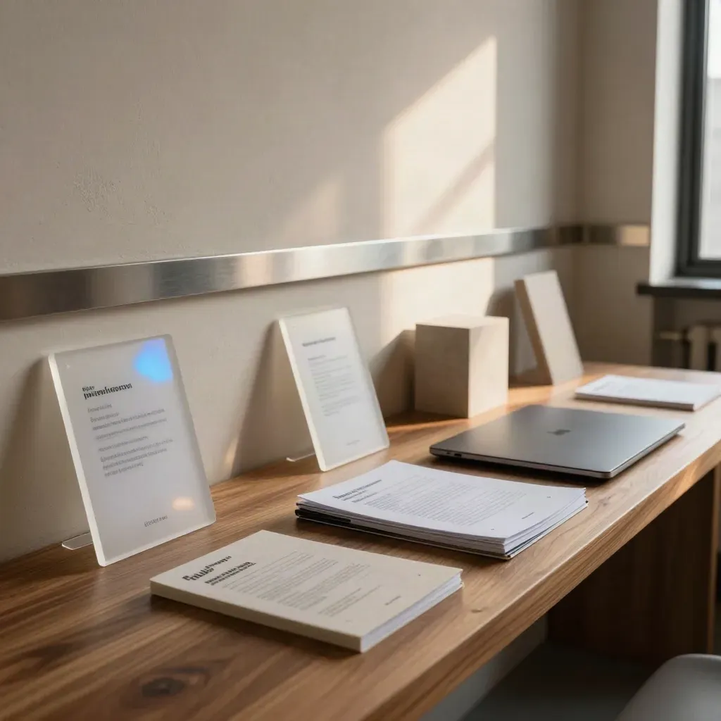 Finished startup lobby with acrylic brand pieces, closed laptop, and pitch deck binder on a walnut bench.