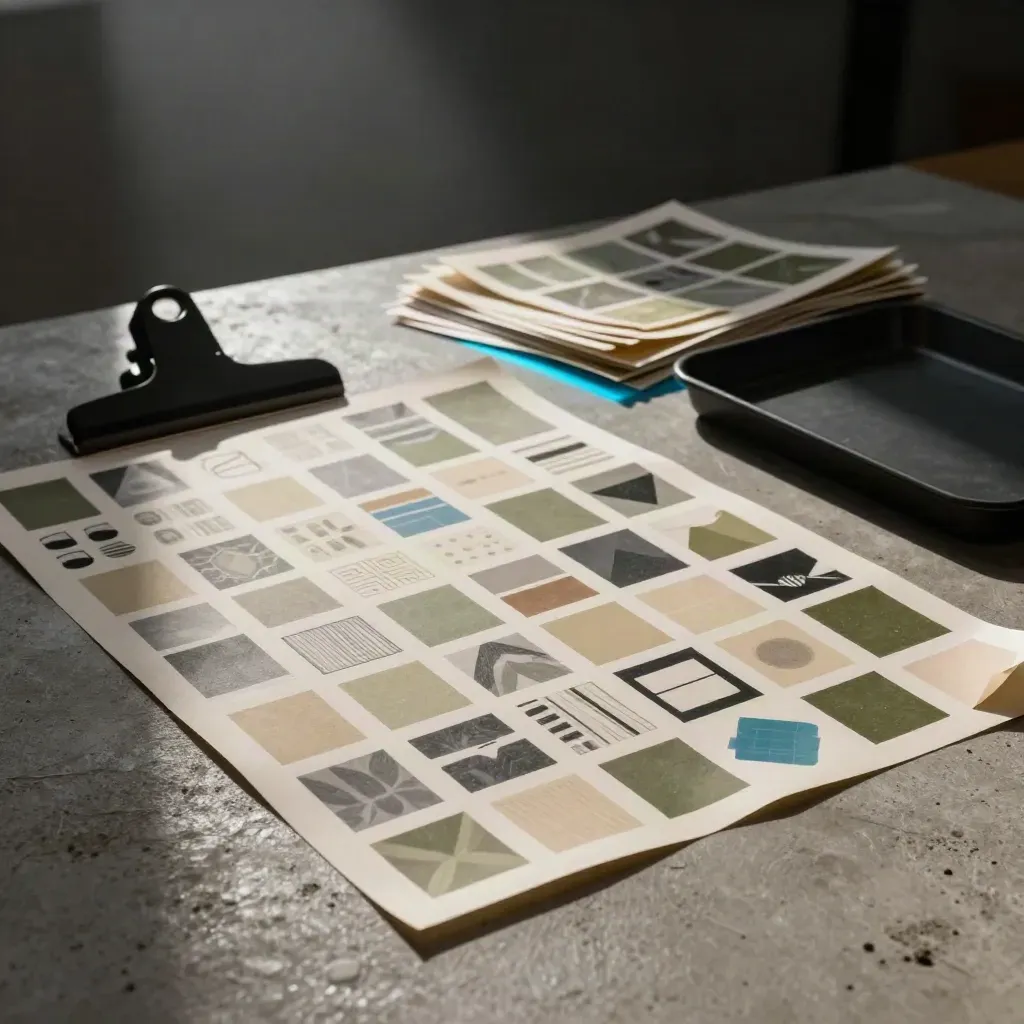 Print tiles, sticker sheets, and clamp on concrete, lit dramatically with a blue glow.